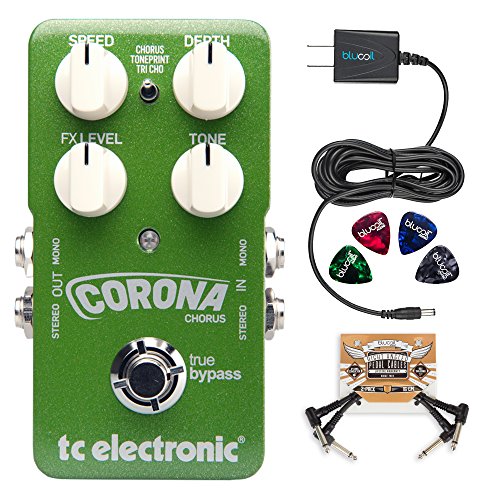 TC Electronic Corona Chorus Pedal with TonePrint Bundle with Blucoil Power Supply Slim AC/DC Adapter for 9 Volt DC 670mA, 2-Pack of Pedal Patch Cables and 4-Pack of Celluloid Guitar Picks